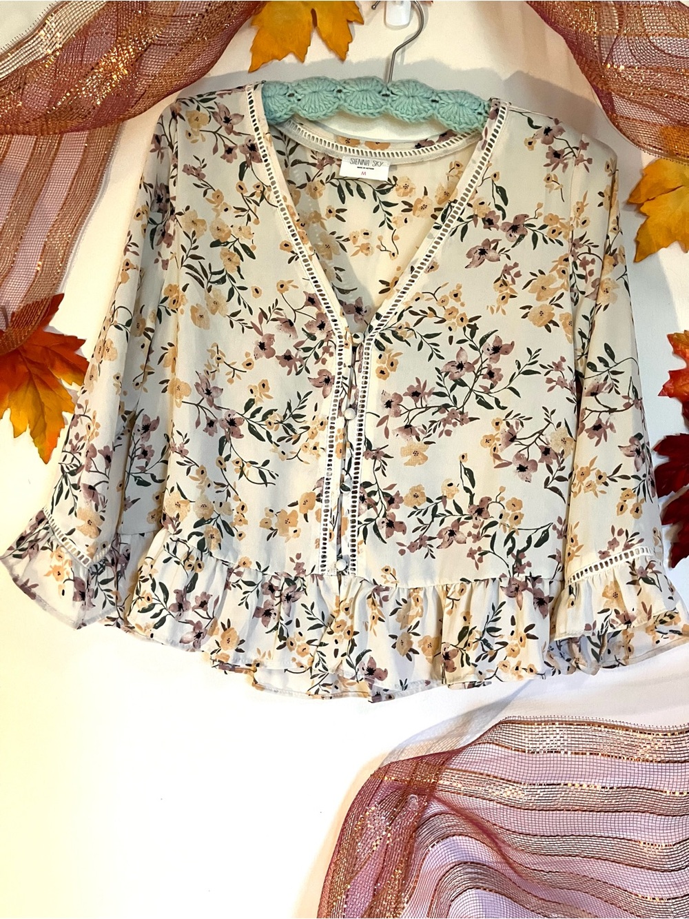 Sienna Sky Cream Floral Ruffle V-Neck Blouse